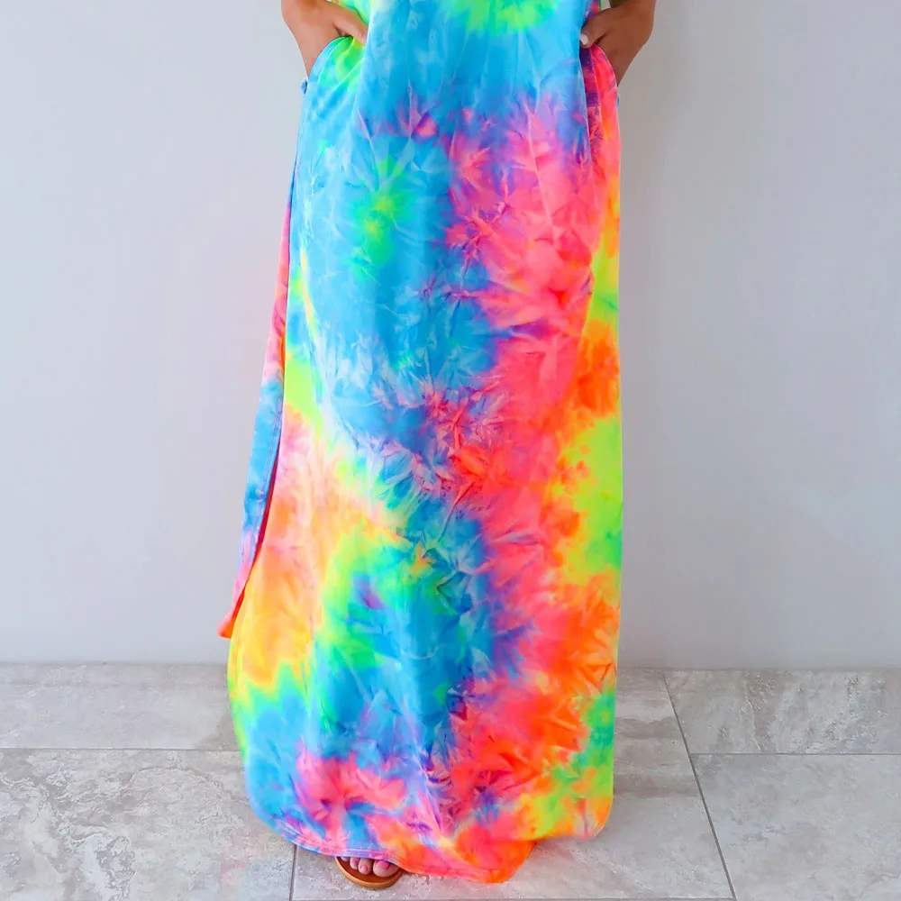 

SEBOWEL Casual Summer 2020 Women's Sleeveless Multicolor Tie Dye Print Maxi Dress with Pockets Female Party Beach Dresses S-XL