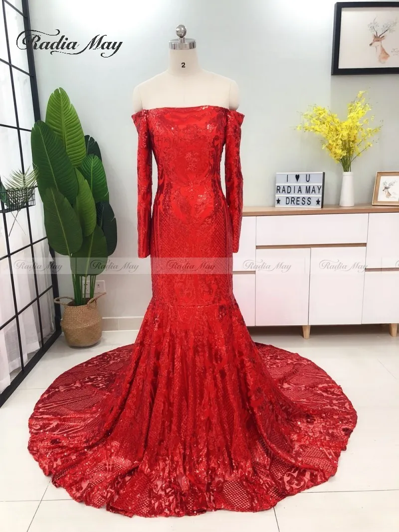 Elegant Off Shoulder Red Long Sleeves Mermaid Prom Dresses 2k19 Sparkly Sequin African Plus Size Formal Gowns Graduation Dress