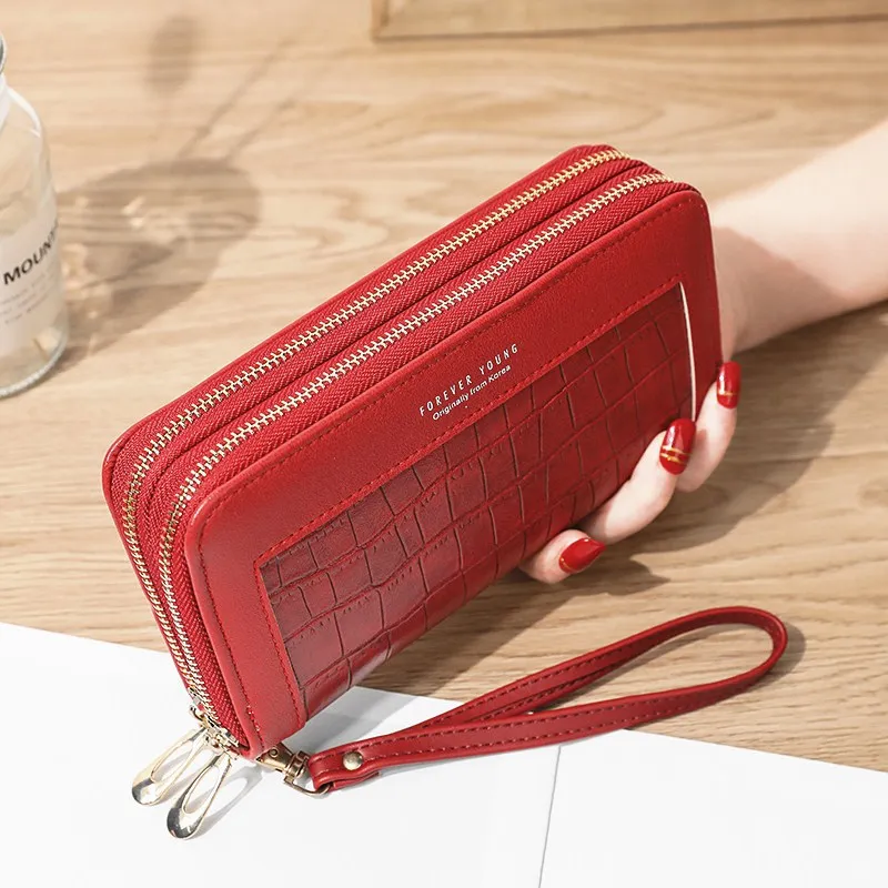 women long wallets crocodile pattern double zipper female letter pu leather solid color coin purses ladies card holder phone bag free global shipping