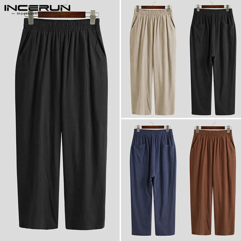 

INCERUN Men Pants Joggers Solid Retro Streetwear Elastic Waist Trousers Chic Loose Cotton Chinese Style Casual Pantalon S-5XL