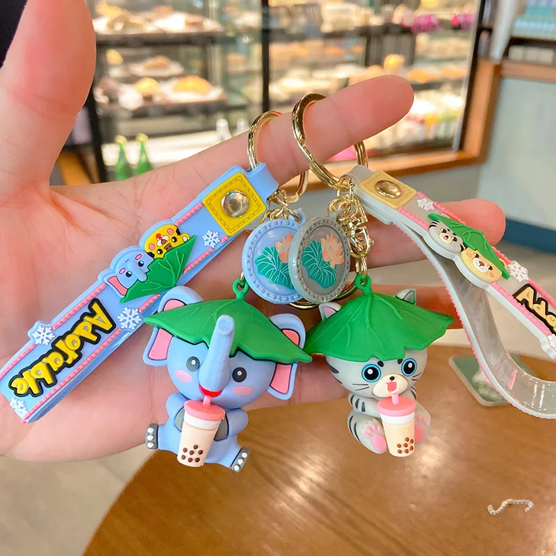 

Keychain Cartoon Tiger Elephant Bear Drink Pearl Milk Tea Creative Car PVC Cute Schoolbag Lovers Accessories