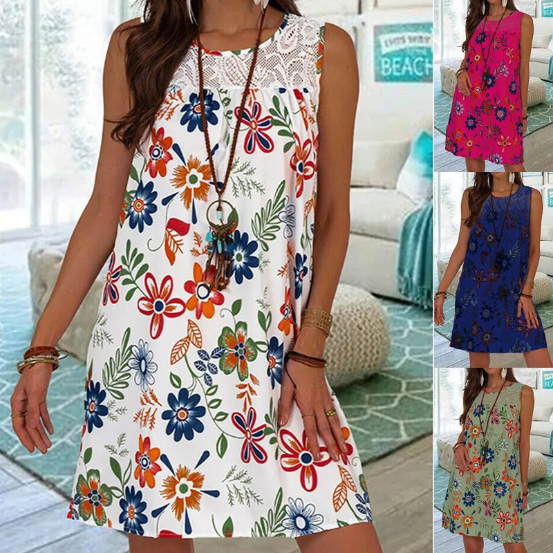 

Summer O Neck Sleeveless Plus Size Women's Dress 2021 Fashion Casual Loose Lace Patchwork Bohemia Floral Print Ladies Mini Dress
