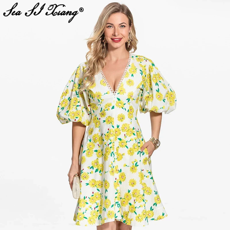 

Seasixiang Fashion Designer Summer Mini Dress Women V-Neck Puff Sleeve Floral Print Bohemian Vacation Dresses