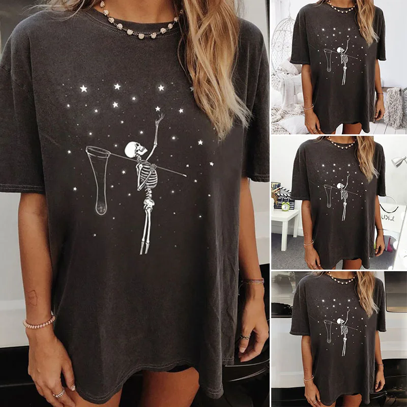 

Skull Print Oversize T Shirt for Women Halloween Fashion T-shirts Short Sleeve Tops Clothes Breathable Cotton Shirts Mujer Loose
