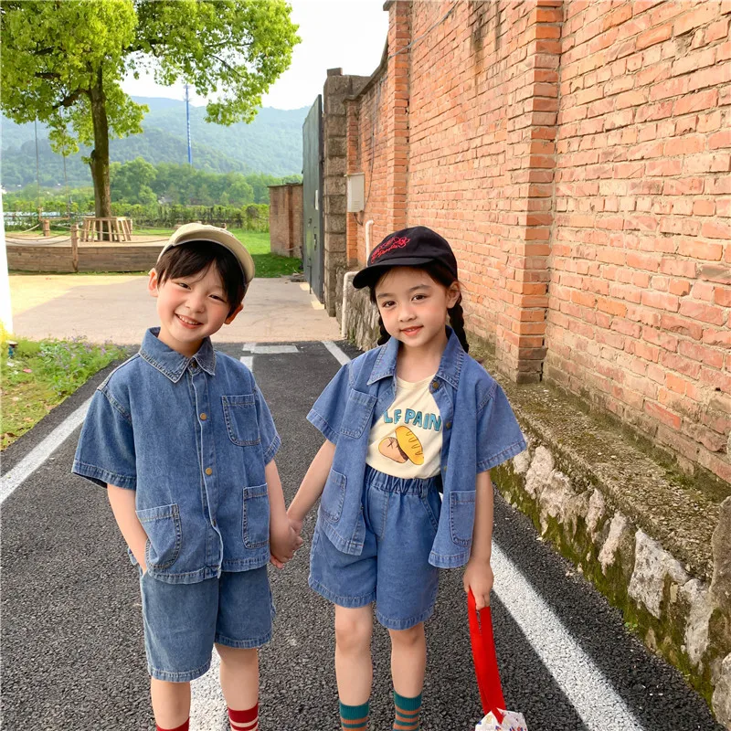 

2021 Summer korean style unisex denim clothes sets children thin cotton cool short sleeve shirt and shorts 2pcs sets