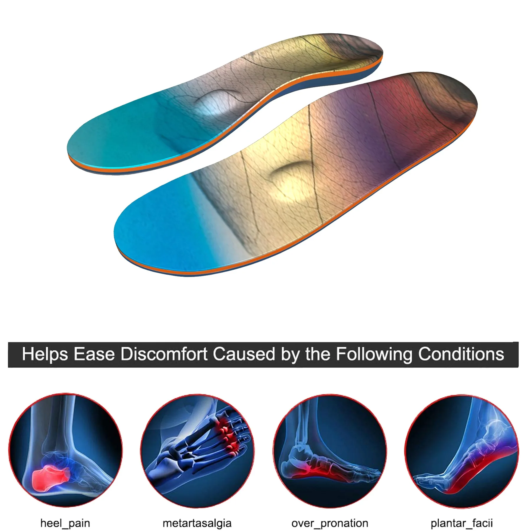 Colorful orthopedic insoles, plantar fasciitis, foot sports, running insoles, high arch support