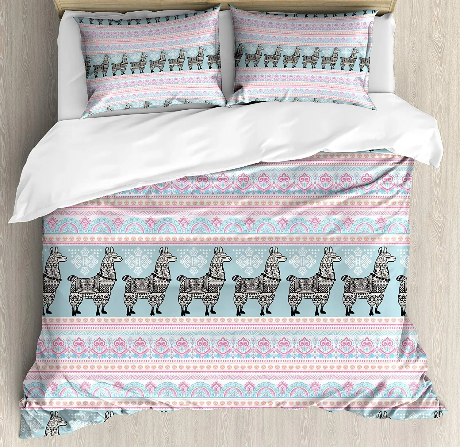 

Llama Bedding Set Horizontal Borders with Patterned Alpaca Animal and Ethnic Folkloric Tribal Ornaments Duvet Cover Pillowcase