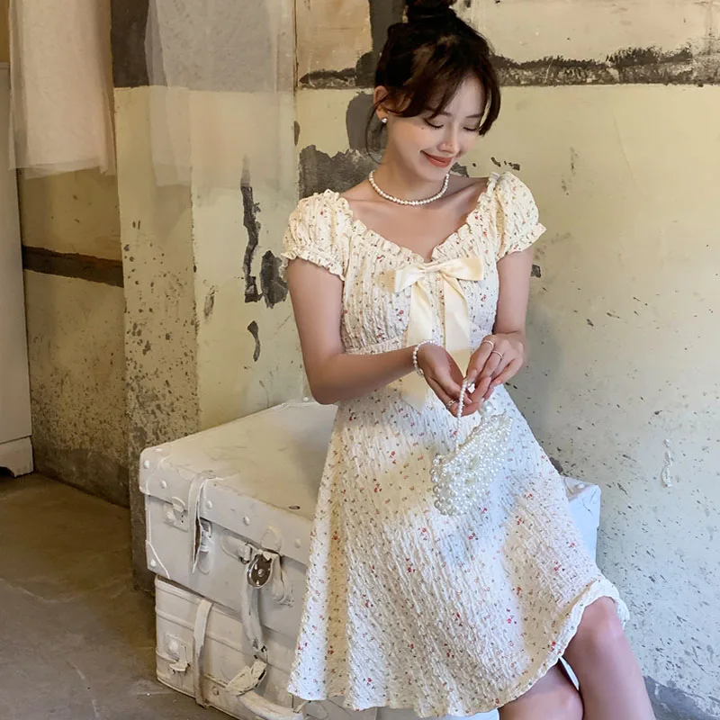 

V-neck Vingate Midi Dress Women Casual Short Sleeve Elegant Floral Dess Bow Design One Piece Dress Korea Office Lady 2021 Summer