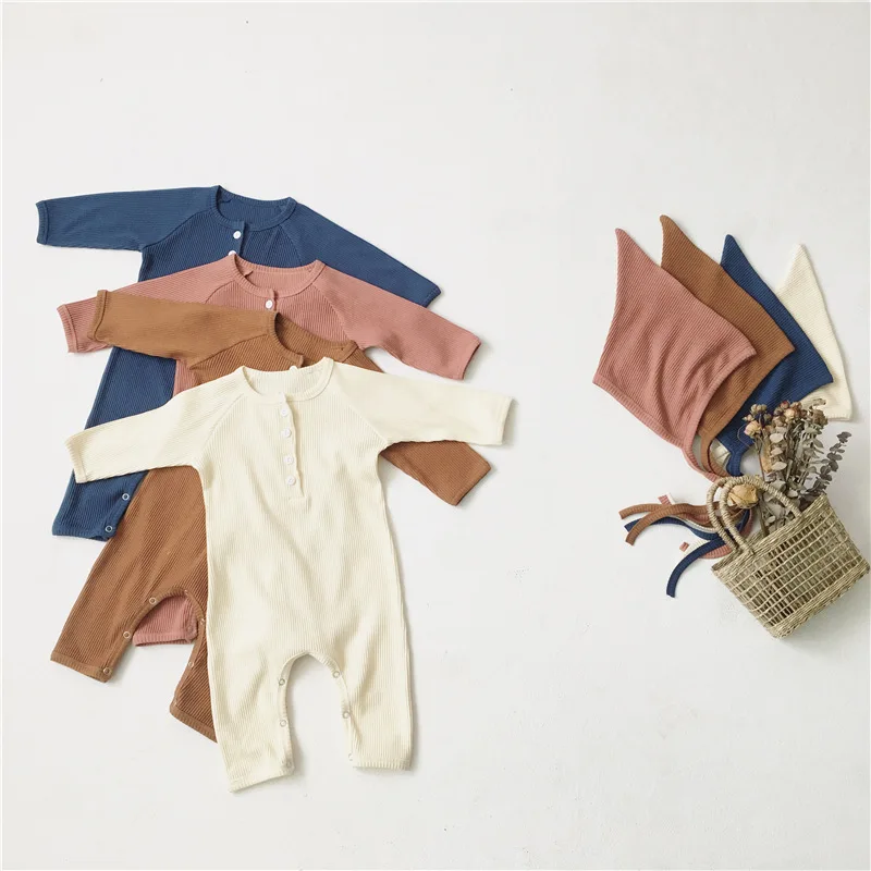 

WLG Girls Boys Rompers Baby Clothes Spring Fall Solid Blue Beige Pink Brown Romper with Hat Toddler Casual All Match Clothes