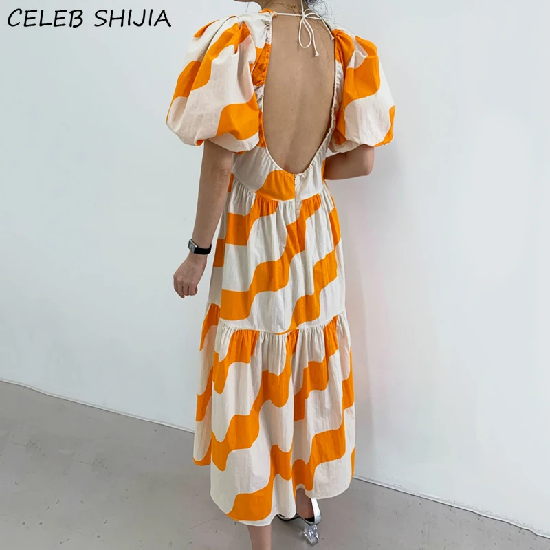 

Vintage Orange Women Dresses Backless Puff Sleeve Chic Evening Party Dress Bodycon Female Korean O-neck Long Dress Fall