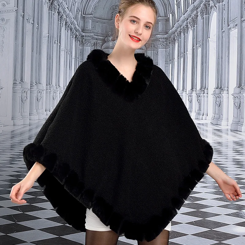 Бархатное пончо с лисьим мехом накидка воротником из искусственного лисьего