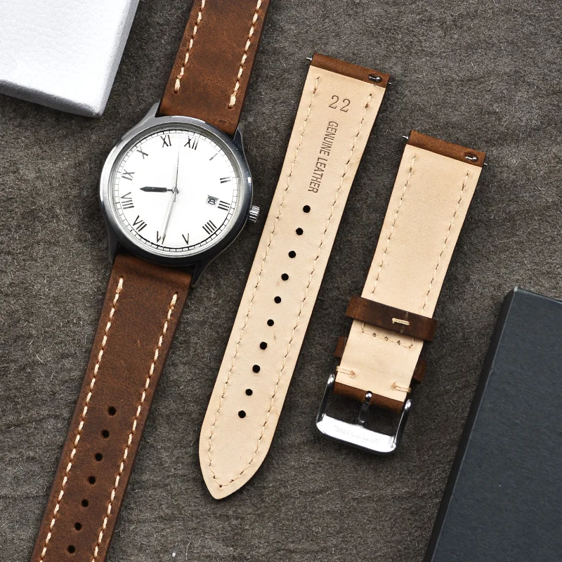 BEAFIRY Quick Release Watch Band 18mm 20mm 22mm Vintage Crazy Horse/calfskin Leather Strap Watchband for huawei fossil Brown