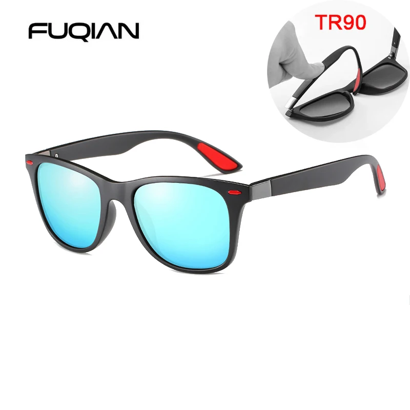 Black Blue FUQIAN Модные TR90 поляризационные солнцезащитные очки мужские классические квадратные женские солнцезащитные очки ультра светильник унисекс очки для вождения UV400 - Цвет линз: Black Blue