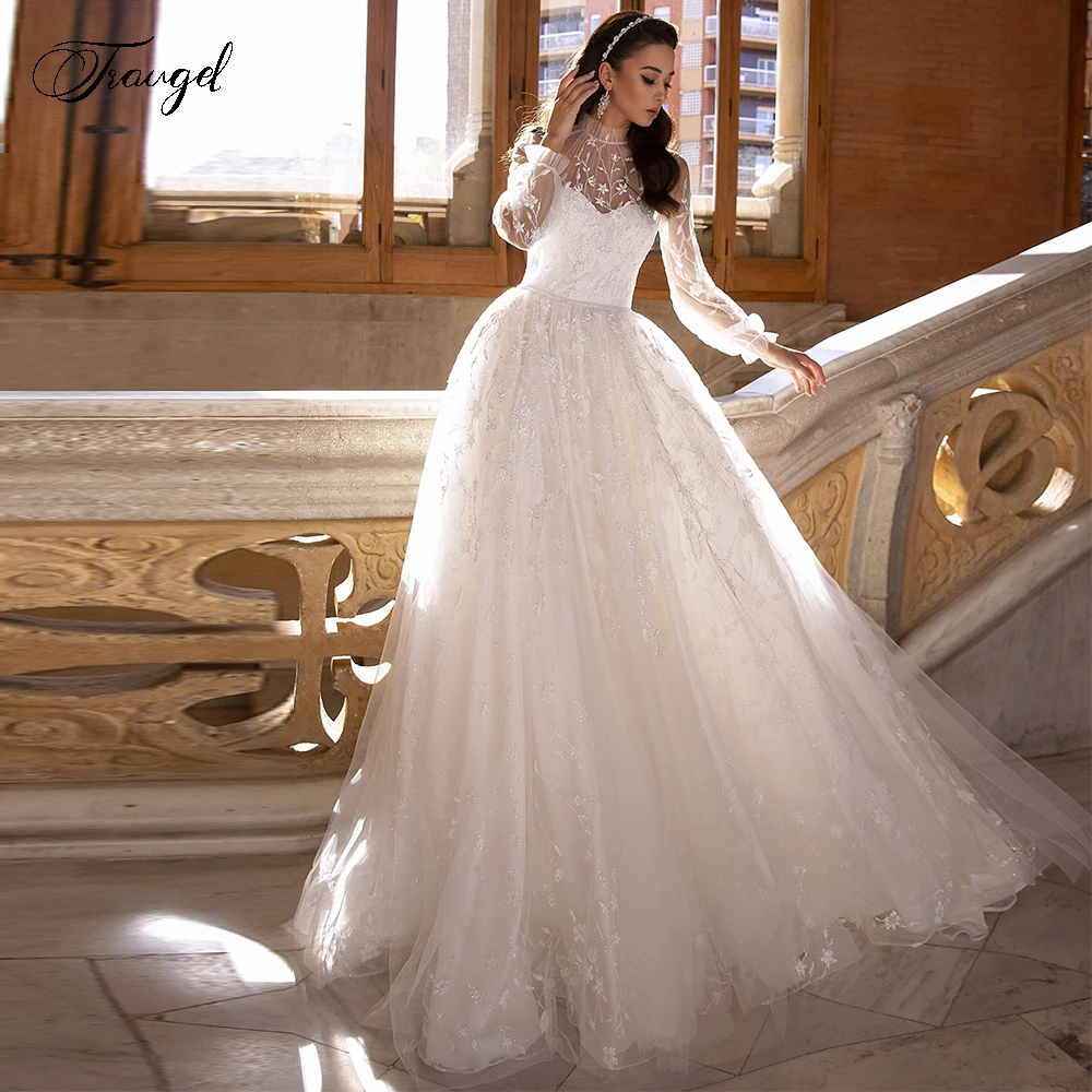 

Роскошное кружевное свадебное платье-трапеция с высоким воротом, элегантное блестящее платье невесты с длинным рукавом, платье невесты со ...