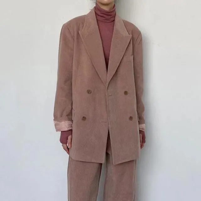 

2 Pieces Set Spring Autumn Vintage Women Corduroy Pant Suits Stylish Double Breasted Jacket & Wide Leg Pants Blazer Suits