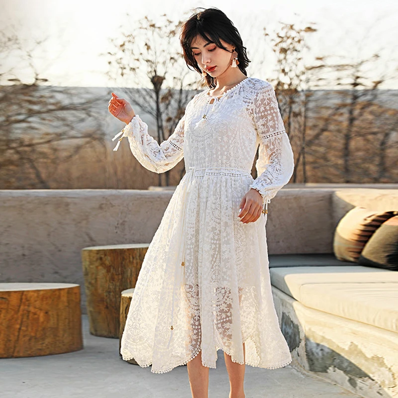 

Hollow Out White Dress Autumn Spring Women Clothing Elegant Long Sleeve V Neck Loose Dresses Ladies Bohemain Holiday Vestiods