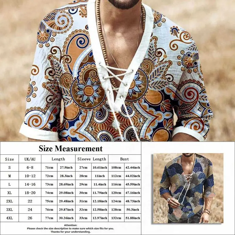 

Men Clothes 2020 European American New Men's Chest Lace-up Short-sleeved Printed Shirt Casual V-Neck Mens Dress Shirts