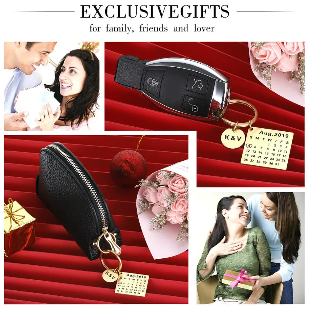 

Personalized Calendar Keychain Hand Carved Calendar Keyring Customed Stainless Steel Keytag Birthday Wedding Anniversary Gift