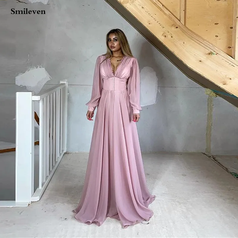 

Розовые шифоновые вечерние платья Smileven с длинным рукавом и V-образным вырезом, кружевные трапециевидные платья для мам, вечерние платья до п...