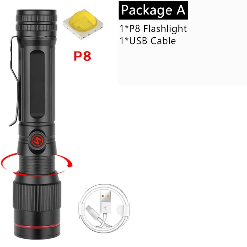 Package A Яркий XHP50 перезаряжаемый светодиодный фонарик мощный XHP70.2 фонарь P8 свет супер водонепроницаемый Zoom охотничий свет использование 18650 - Испускаемый цвет: Package A