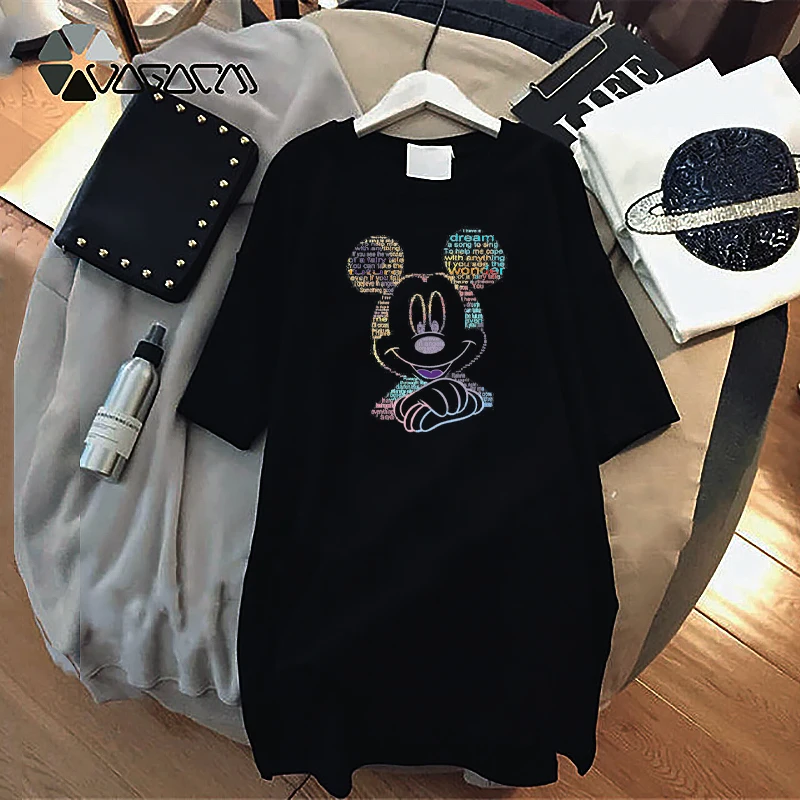 

Summer Tshirt Dresses Casual Women Leopard Mickey Cartoon Mini Dress Short Sleeve Casual Loose Black Harajuku Robes Vestidos New