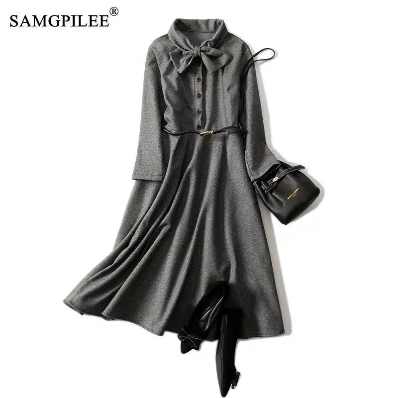 

Winter Dresses For Parties Office Lady A-line Plaid Wrist Sleeve Sashes plus size Empire Turn-down Collar Dress For Women 4XL