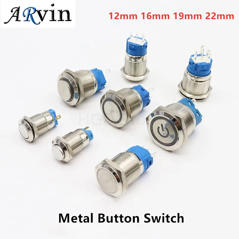 

12/16/19/22mm Waterproof Metal Push Button Switch LED Light Momentary Latching Car Engine Power Switch 5V 12V 24V 220V Red Blue