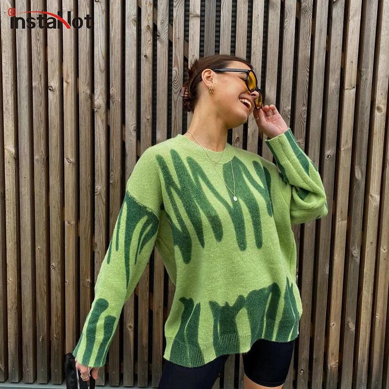 

InstaHot Женский пуловер с принтом оверсайз стиль клубный Повседневный свитер свободный круглый вырез длинный рукав осенний вязаный хлопковый...