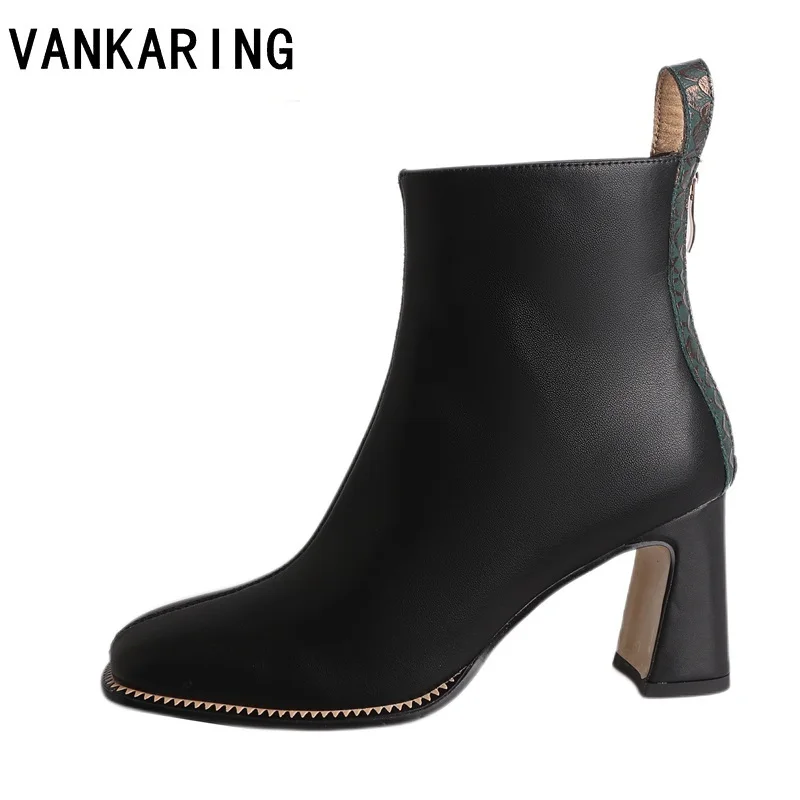 

simple design autumn winter boots genuine leather shoes woman ankle boots thick high heels black white riding boots shoes pumps