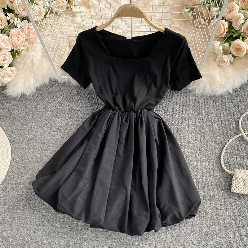 

FTLZZ New Summer Casual Short Elastic Waist Dress A Line Square Collar Solid Chiffon Sweet Women Dresses