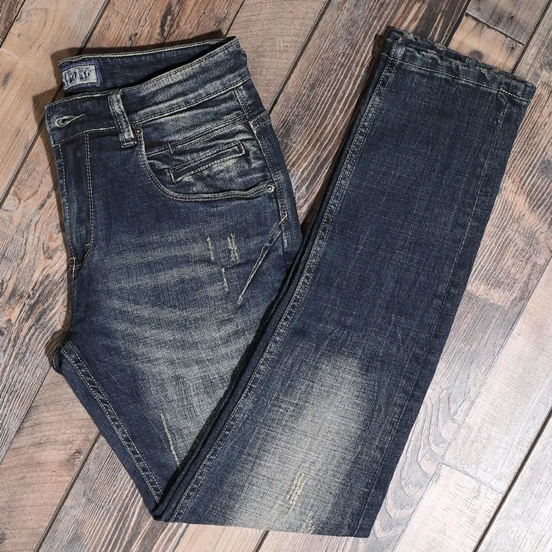 European American Vintage Fashion Men Jeans Retro Blue Slim Fit Ripped Jeans Men Streetwear Spliced Designer Denim Punk Pants