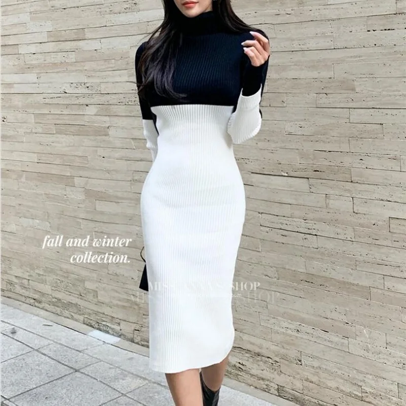 

Turtleneck Long Sleeve Sweater Dress Women Splice 2021 Autumn Winter Pullover Female Elegant Knitted Clothing Vestidos De Mujer