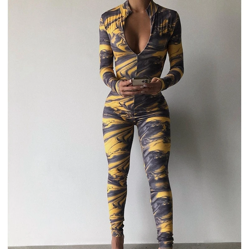 

Wepbel Printing Bodycon Jumpsuits High Waist New Sexy Zipper Jumpsuit Women Long Sleeve Pencil Pants V-neck Sexy Jumpsuits