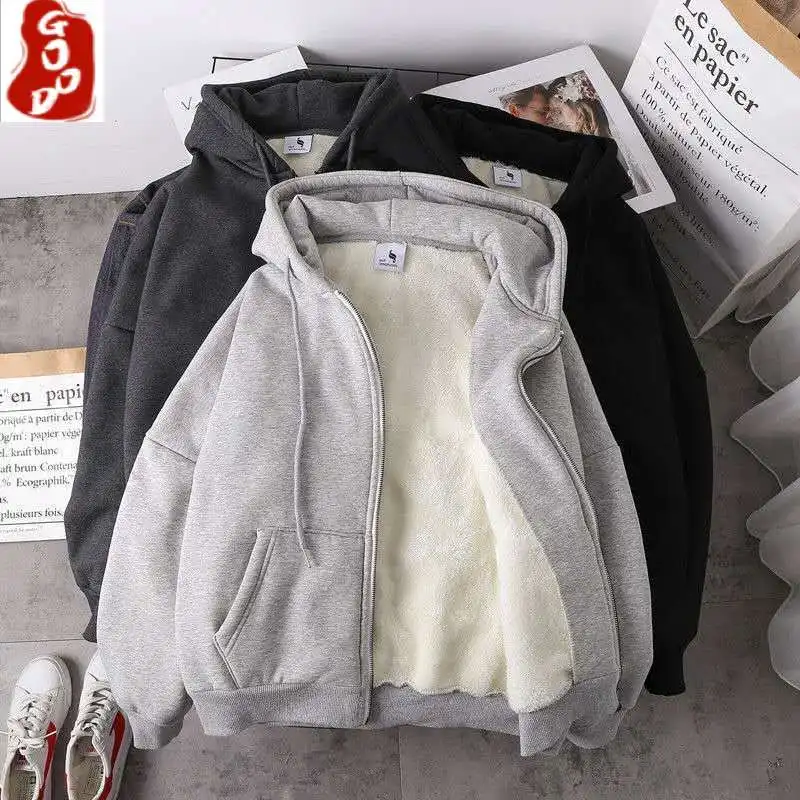 

Korean Style Hoodie Womens Winter Tops Warm Zip-up Sweatshirt Female Coat Fashion Women's Clothing 2021 Sudadera Mujer 65