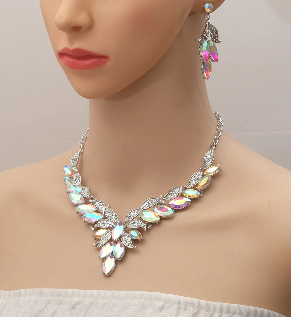 

New Luxury Crystal Statement Necklace Earring Leaf Brides Prom Party Wedding Costume Jewelry Set Accessories Women Bridesmaid