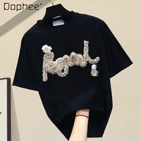 spring 2021 new three dimensional letter crystals pure cotton loose short sleeve round neck white bottoming t shirt for women