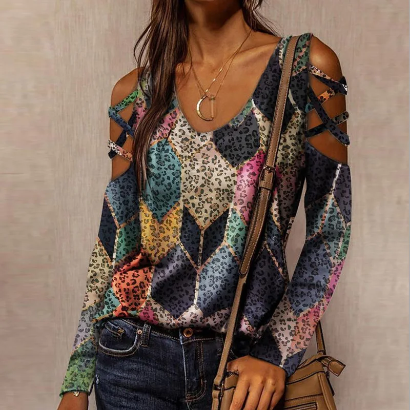 

Sexy Hollow Out Long Sleeve Blouses Shirts Casual O-Neck Off Shoulder Pullover Tops Women Fashion New Lip Print Shirt Blusas 3XL