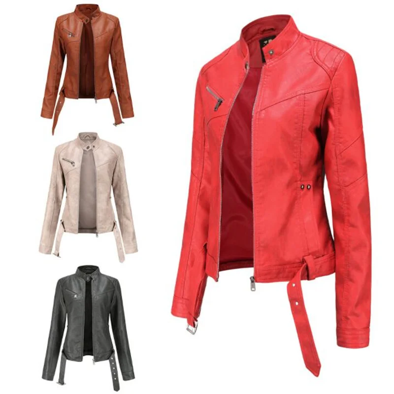 New European size leathers jacket women short coats belt large size slim stand collar thin clothing куртка зимняя женская