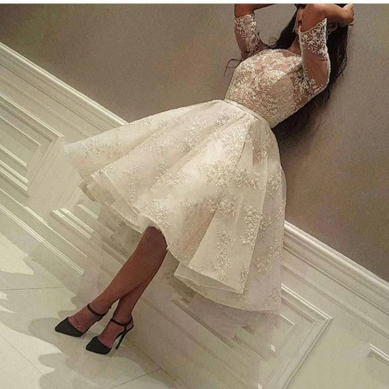 

New Arabic Knee Length Wedding Dresses Hot Jewel Half Sleeve Ball Gown Short Modest Full Lace Prom Party Gowns