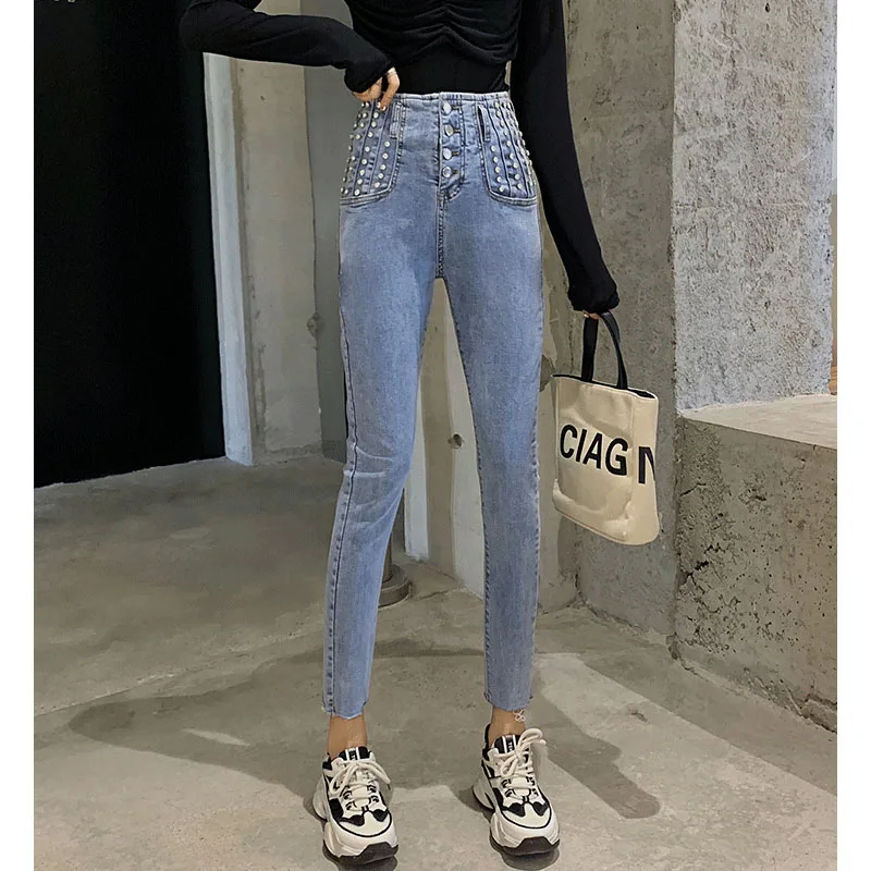 2020 Spring Women Jeans Pencil Pants High Waist Womens Skinny Mom Buttons Blue Elastic Denim Heavy Rivet | Женская одежда