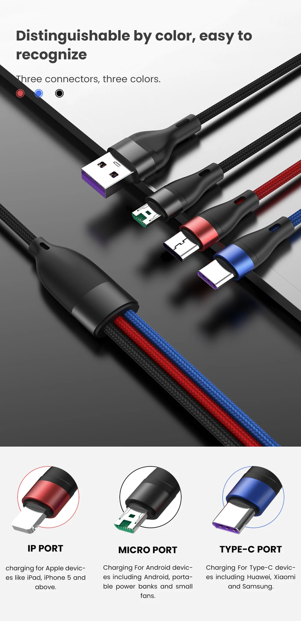 3 в 1 USB-кабель для iOS Type-C Micro 9.8A суперзарядный телефонный кабель Supercharge 5A HUAWEI