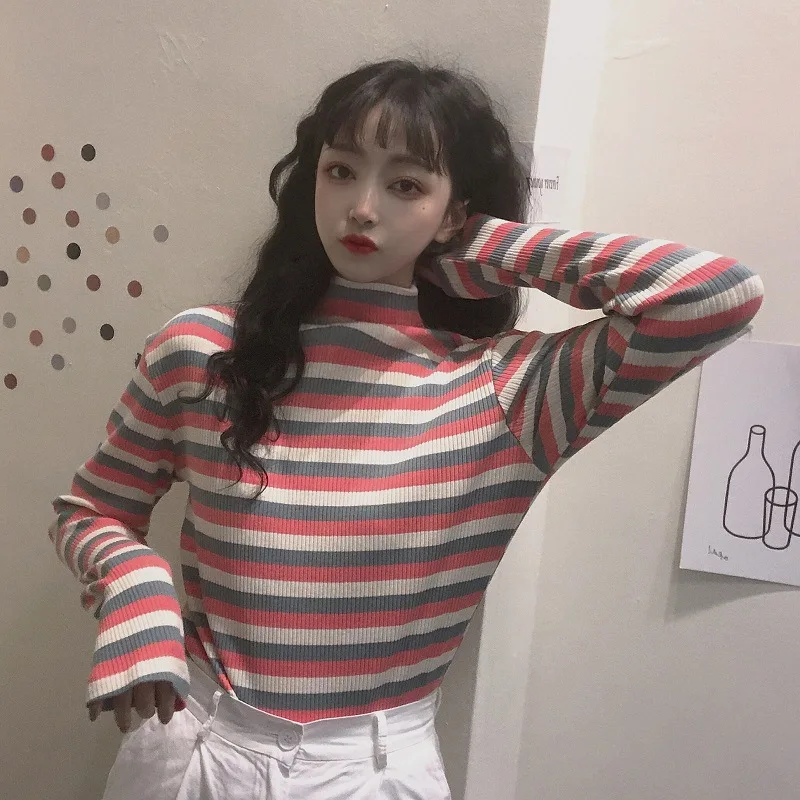 

Tee Shirts Woman Spring Autumn Korean Harajuku Beautiful Striped Turtleneck T-shirt For Women Long Sleeve T-shirts Casual Tops