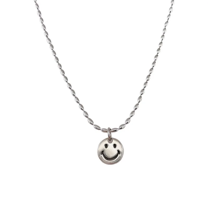 

LOVOACC Exquisite Circle Geometric Smile Face Pendant Necklace for Women Silver Color Metal Round Beaded Chain Necklace Jewelry