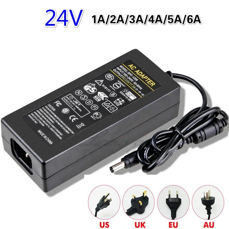 AC100-240V в DC 24 В адаптер питания Трансформатор 1A 2A 3A 4A 5A 6A зарядное устройство конвертер ЕС США Великобритания AU разъем для светодиодов полосы света