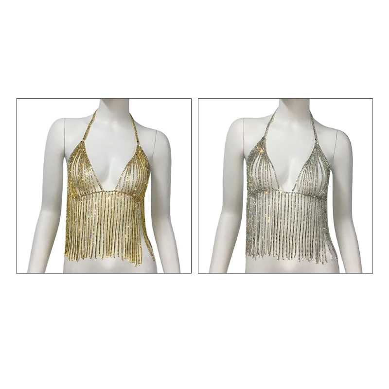 

V-Neck Crystal Rhinestone Bra Chest Body Chain Sexy Women's Shiny Bikini Jewelry Suspendes for Summer Beach Dresses