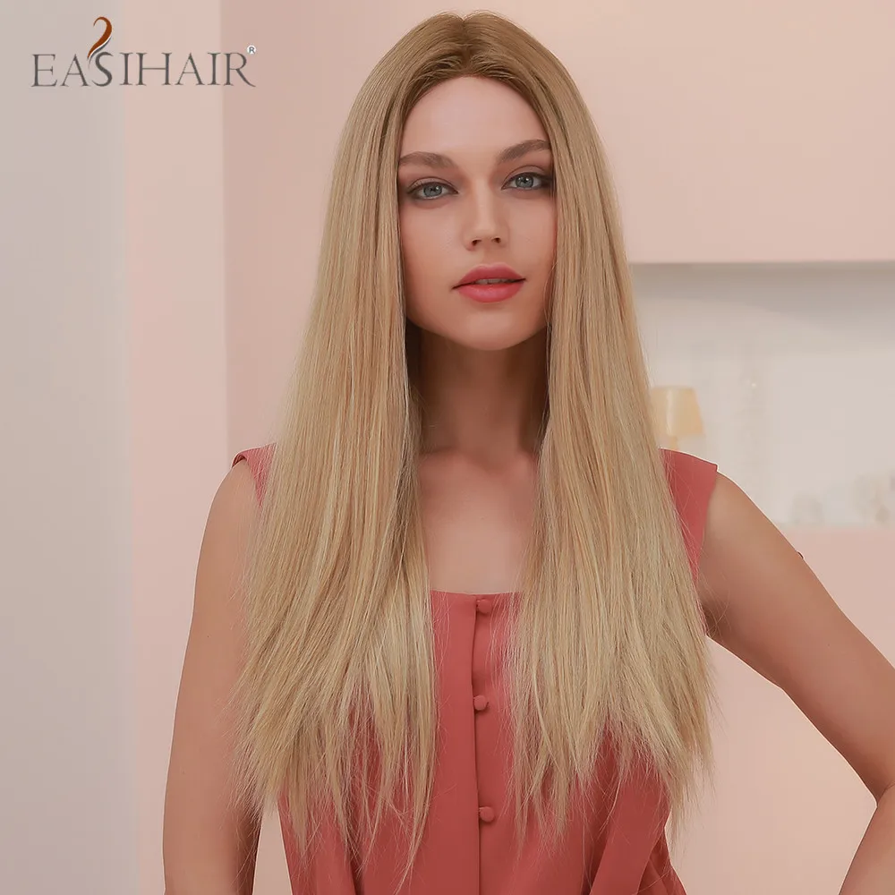 

EASIHAIR Long Ombre Light Brown Straight Synthetic Lace Front Wigs with Baby Hair Heat Resistant Lace Frontal Wigs for Women