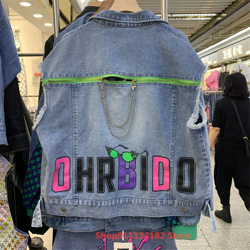 

2021 Spring New Denim Vest Female Letters Printed Zipper Decoration Lapel Sleeveless Fashion Short Jacket