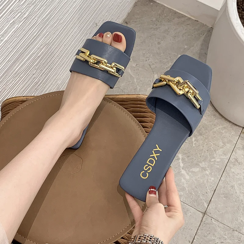 

2021 Brand Thin Slippers Leather Sqare Toe Women Sandal Open Toe Flat Casual Slides Outdoor Beach Female Flip Flops Metal Chain