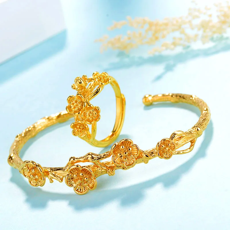 

Flower Rattan Bangle Ring Set 18K Gold Romantic Womens Wedding Bridal Jewelry Sets