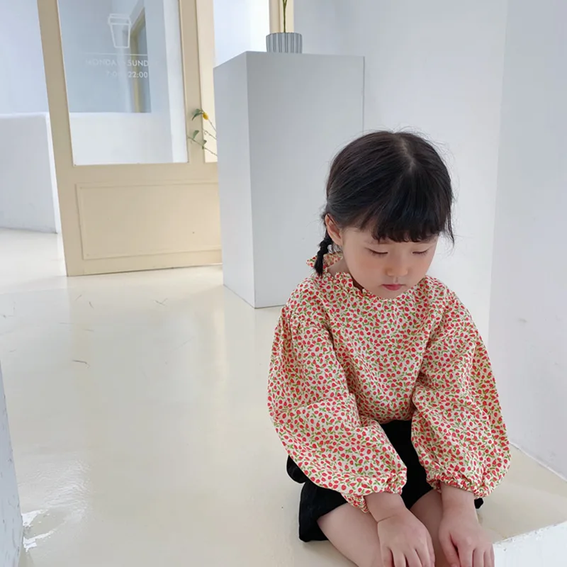 

Cute baby girls cherry stand collar doll blouses 1-6 years girl casual loose long sleeve Tops
